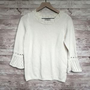 ANN TAYLOR LOFT ivory sweater, bell sleeved, crochet detail, small